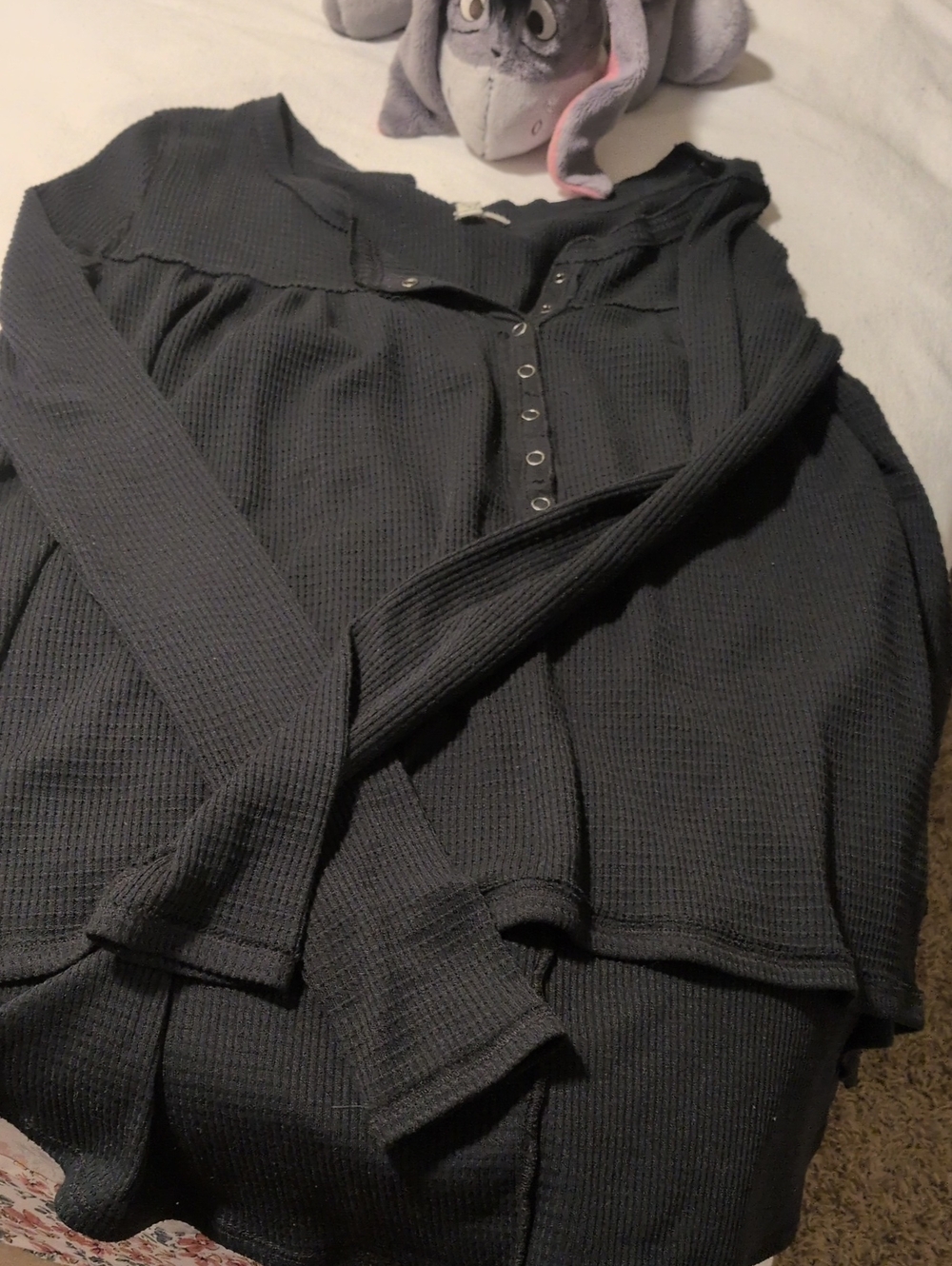 Free Poeople Black Waffle Knit Henley Long Sleeve Top